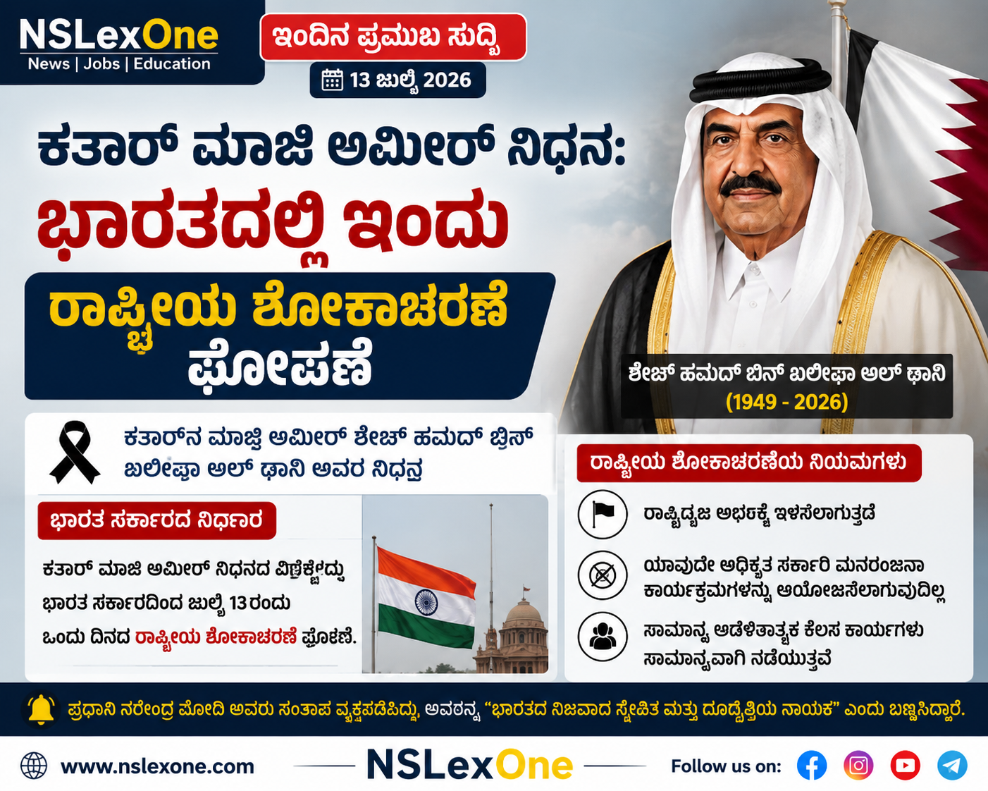 ಕತಾರ್ ಮಾಜಿ ಅಮೀರ್ ನಿಧನ: ಭಾರತದಲ್ಲಿ ಇಂದು ರಾಷ್ಟ್ರೀಯ ಶೋಕಾಚರಣೆ ಘೋಷಣೆ ಕತಾರ್ ಮಾಜಿ ಅಮೀರ್ ನಿಧನ: ಭಾರತದಲ್ಲಿ ಇಂದು ರಾಷ್ಟ್ರೀಯ ಶೋಕಾಚರಣೆ ಘೋಷಣೆ