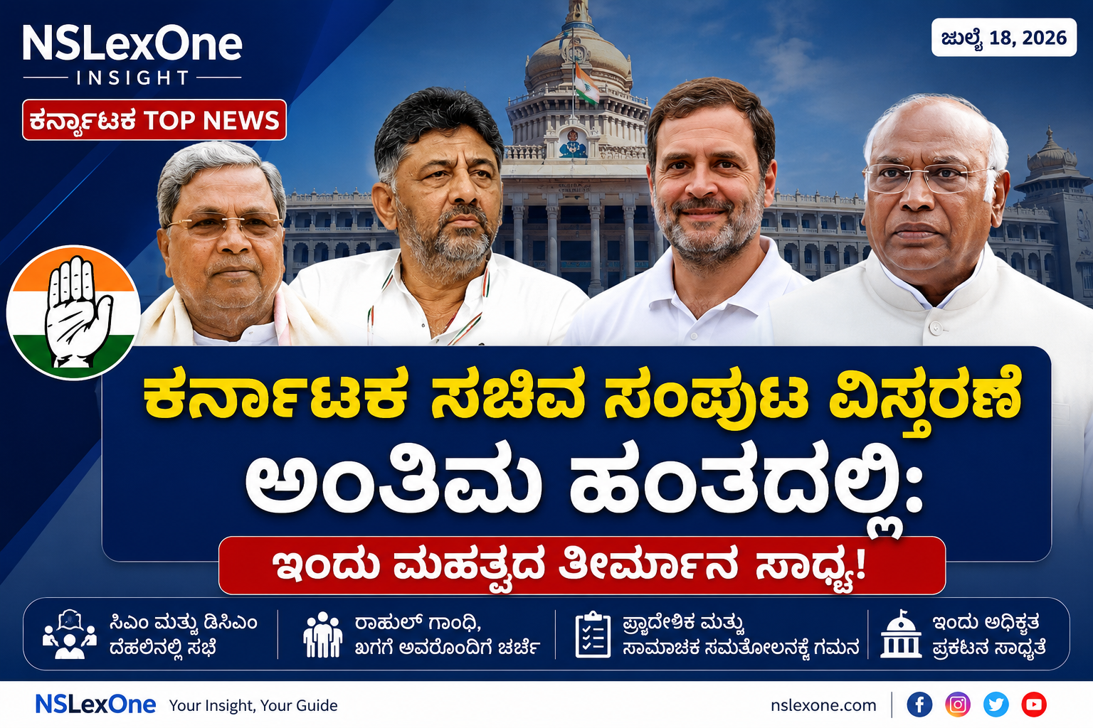 ಕರ್ನಾಟಕ ಸಚಿವ ಸಂಪುಟ ವಿಸ್ತರಣೆ ಅಂತಿಮ ಹಂತದಲ್ಲಿ: ಇಂದು ಮಹತ್ವದ ತೀರ್ಮಾನ ಸಾಧ್ಯ! ಬೆಂಗಳೂರು, ಜುಲೈ 18: ರಾಜ್ಯ ರಾಜಕೀಯದಲ್ಲಿ ತೀವ್ರ ಕುತೂಹಲ ಕೆರಳಿಸಿರುವ ಕರ್ನಾಟಕ ಸಚಿವ ಸಂಪುಟ ವಿಸ್ತರಣೆಯ ಪ್ರಕ್ರಿಯೆಗಳು ಅಂತಿಮ ಹಂತಕ್ಕೆ ತಲುಪಿವೆ. ಕಾಂಗ್ರೆಸ್ ಹೈಕಮಾಂಡ್ ಮಟ್ಟದಲ್ಲಿ ಸರಣಿ ಸಭೆಗಳು ಪೂರ್ಣಗೊಂಡಿದ್ದು, ಇಂದು (ಶನಿವಾರ) ಸಂಪುಟ ವಿಸ್ತರಣೆಗೆ ಸಂಬಂಧಿಸಿದಂತೆ ಮಹತ್ವದ ಅಧಿಕೃತ ನಿರ್ಧಾರ ಹೊರಬೀಳುವ ದಟ್ಟ ಸಾಧ್ಯತೆಗಳಿವೆ. ಮುಖ್ಯಮಂತ್ರಿ ಸಿದ್ದರಾಮಯ್ಯ ಹಾಗೂ ಉಪ ಮುಖ್ಯಮಂತ್ರಿ ಡಿ.ಕೆ. ಶಿವಕುಮಾರ್ ಅವರು ಈಗಾಗಲೇ ನವದೆಹಲಿಯಲ್ಲಿ ಪಕ್ಷದ ಹಿರಿಯ ನಾಯಕರೊಂದಿಗೆ ಸುದೀರ್ಘ ಸಮಾಲೋಚನೆ ನಡೆಸಿದ್ದು, ಸಚಿವ ಸ್ಥಾನ ಆಕಾಂಕ್ಷಿಗಳ ಅಂತಿಮ ಪಟ್ಟಿಗೆ ಅಂತಿಮ ರೂಪ ನೀಡಲಾಗುತ್ತಿದೆ ಎಂದು ನಂಬಲರ್ಹ ಮೂಲಗಳು ತಿಳಿಸಿವೆ. ಸಂಪುಟ ಸೇರ್ಪಡೆಗೆ ಹೈಕಮಾಂಡ್ ಮಾನದಂಡಗಳೇನು? ಪಕ್ಷದ ಆಂತರಿಕ ಮೂಲಗಳ ಪ್ರಕಾರ, ಈ ಬಾರಿಯ ಸಂಪುಟ ವಿಸ್ತರಣೆಯಲ್ಲಿ ಹೈಕಮಾಂಡ್ ಕೆಲವು ಕಠಿಣ ಮಾನದಂಡಗಳನ್ನು ಅನುಸರಿಸಿದೆ: * ಪ್ರಾದೇಶಿಕ ಮತ್ತು ಸಾಮಾಜಿಕ ಸಮತೋಲನ: ರಾಜ್ಯದ ಎಲ್ಲಾ ಭಾಗಗಳಿಗೂ ಮತ್ತು ಸಮುದಾಯಗಳಿಗೂ ಸಮಾನ ಪ್ರಾತಿನಿಧ್ಯ ನೀಡುವುದು. * ಆಡಳಿತದ ಅನುಭವ: ಸರ್ಕಾರದ ವೇಗವನ್ನು ಹೆಚ್ಚಿಸಲು ಅನುಭವಿ ನಾಯಕರಿಗೆ ಆದ್ಯತೆ. * ಹೊಸ ಮುಖಗಳಿಗೆ ಚಾನ್ಸ್: ಪಕ್ಷ ಸಂಘಟನೆಯಲ್ಲಿ ಸಕ್ರಿಯರಾಗಿರುವ ಹೊಸಬರಿಗೆ ಮಣೆ ಹಾಕುವುದು. ರಾಷ್ಟ್ರೀಯ ಅಧ್ಯಕ್ಷ ಮಲ್ಲಿಕಾರ್ಜುನ ಖರ್ಗೆ ಮತ್ತು ರಾಹುಲ್ ಗಾಂಧಿ ಅವರೊಂದಿಗೆ ನಡೆಯಲಿರುವ ಅಂತಿಮ ಸುತ್ತಿನ ಚರ್ಚೆಯ ಬಳಿಕ ಈ ಪಟ್ಟಿಗೆ ಹಸಿರು ನಿಶಾನೆ ಸಿಗಲಿದೆ. ಬೆನ್ನಲ್ಲೇ ರಾಜಭವನದಲ್ಲಿ ನಡೆಯಲಿರುವ ಪ್ರಮಾಣವಚನ ಸ್ವೀಕಾರ ಸಮಾರಂಭದ ದಿನಾಂಕವೂ ಪ್ರಕಟವಾಗುವ ನಿರೀಕ್ಷೆಯಿದೆ. ಶಾಸಕರಲ್ಲಿ ಹೆಚ್ಚಿದ ದೆಹಲಿ ದಂಡಯಾತ್ರೆ; ಹೈಕಮಾಂಡ್ ಗ್ರೀನ್ ಸಿಗ್ನಲ್ಗೆ ಕಾಯ್ಕೆ ಸಂಪುಟದಲ್ಲಿ ಸ್ಥಾನ ಗಿಟ್ಟಿಸಿಕೊಳ್ಳಲು ಹಲವು ಜಿಲ್ಲೆಗಳ ಪ್ರಭಾವಿ ಶಾಸಕರು ಭಾರಿ ಕಸರತ್ತು ನಡೆಸುತ್ತಿದ್ದಾರೆ. ಇದು ಶಾಸಕರು ಹಾಗೂ ಪಕ್ಷದ ಕಾರ್ಯಕರ್ತರಲ್ಲಿ ತೀವ್ರ ಕುತೂಹಲ ಮೂಡಿಸಿದೆ. ಆದರೆ, "ಅಂತಿಮ ತೀರ್ಮಾನವನ್ನು ಪಕ್ಷದ ಹೈಕಮಾಂಡ್ ಮಾತ್ರ ಕೈಗೊಳ್ಳಲಿದ್ದು, ಅಧಿಕೃತ ಪ್ರಕಟಣೆ ಹೊರಬೀಳುವವರೆಗೂ ಯಾವುದೇ ಹೆಸರುಗಳನ್ನು ಊಹಿಸಬಾರದು" ಎಂದು ಪಕ್ಷದ ಹಿರಿಯ ನಾಯಕರು ಸ್ಪಷ್ಟಪಡಿಸಿದ್ದಾರೆ. ಮುಕ್ತಾಯ: ರಾಜ್ಯದ ಆಡಳಿತ ಯಂತ್ರಕ್ಕೆ ಚುರುಕು ಮುಟ್ಟಿಸುವ ಮತ್ತು ಮುಂಬರುವ ರಾಜಕೀಯ ಬೆಳವಣಿಗೆಗಳ ದೃಷ್ಟಿಯಿಂದ ಈ ಸಚಿವ ಸಂಪುಟ ವಿಸ್ತರಣೆ ಅತ್ಯಂತ ಪ್ರಮುಖವೆನಿಸಿದ್ದು, ಇಡೀ ರಾಜ್ಯದ ಕಣ್ಣು ಇಂದು ದೆಹಲಿ ಹಾಗೂ ಬೆಂಗಳೂರಿನತ್ತ ನೆಟ್ಟಿದೆ. ಕರ್ನಾಟಕ ಸಚಿವ ಸಂಪುಟ ವಿಸ್ತರಣೆ ಅಂತಿಮ ಹಂತದಲ್ಲಿ: ಇಂದು ಮಹತ್ವದ ತೀರ್ಮಾನ ಸಾಧ್ಯ! ಬೆಂಗಳೂರು, ಜುಲೈ 18: ರಾಜ್ಯ ರಾಜಕೀಯದಲ್ಲಿ ತೀವ್ರ ಕುತೂಹಲ ಕೆರಳಿಸಿರುವ ಕರ್ನಾಟಕ ಸಚಿವ ಸಂಪುಟ ವಿಸ್ತರಣೆಯ ಪ್ರಕ್ರಿಯೆಗಳು ಅಂತಿಮ ಹಂತಕ್ಕೆ ತಲುಪಿವೆ. ಕಾಂಗ್ರೆಸ್ ಹೈಕಮಾಂಡ್ ಮಟ್ಟದಲ್ಲಿ ಸರಣಿ ಸಭೆಗಳು ಪೂರ್ಣಗೊಂಡಿದ್ದು, ಇಂದು (ಶನಿವಾರ) ಸಂಪುಟ ವಿಸ್ತರಣೆಗೆ ಸಂಬಂಧಿಸಿದಂತೆ ಮಹತ್ವದ ಅಧಿಕೃತ ನಿರ್ಧಾರ ಹೊರಬೀಳುವ ದಟ್ಟ ಸಾಧ್ಯತೆಗಳಿವೆ. ಮುಖ್ಯಮಂತ್ರಿ ಸಿದ್ದರಾಮಯ್ಯ ಹಾಗೂ ಉಪ ಮುಖ್ಯಮಂತ್ರಿ ಡಿ.ಕೆ. ಶಿವಕುಮಾರ್ ಅವರು ಈಗಾಗಲೇ ನವದೆಹಲಿಯಲ್ಲಿ ಪಕ್ಷದ ಹಿರಿಯ ನಾಯಕರೊಂದಿಗೆ ಸುದೀರ್ಘ ಸಮಾಲೋಚನೆ ನಡೆಸಿದ್ದು, ಸಚಿವ ಸ್ಥಾನ ಆಕಾಂಕ್ಷಿಗಳ ಅಂತಿಮ ಪಟ್ಟಿಗೆ ಅಂತಿಮ ರೂಪ ನೀಡಲಾಗುತ್ತಿದೆ ಎಂದು ನಂಬಲರ್ಹ ಮೂಲಗಳು ತಿಳಿಸಿವೆ. ಸಂಪುಟ ಸೇರ್ಪಡೆಗೆ ಹೈಕಮಾಂಡ್ ಮಾನದಂಡಗಳೇನು? ಪಕ್ಷದ ಆಂತರಿಕ ಮೂಲಗಳ ಪ್ರಕಾರ, ಈ ಬಾರಿಯ ಸಂಪುಟ ವಿಸ್ತರಣೆಯಲ್ಲಿ ಹೈಕಮಾಂಡ್ ಕೆಲವು ಕಠಿಣ ಮಾನದಂಡಗಳನ್ನು ಅನುಸರಿಸಿದೆ: * ಪ್ರಾದೇಶಿಕ ಮತ್ತು ಸಾಮಾಜಿಕ ಸಮತೋಲನ: ರಾಜ್ಯದ ಎಲ್ಲಾ ಭಾಗಗಳಿಗೂ ಮತ್ತು ಸಮುದಾಯಗಳಿಗೂ ಸಮಾನ ಪ್ರಾತಿನಿಧ್ಯ ನೀಡುವುದು. * ಆಡಳಿತದ ಅನುಭವ: ಸರ್ಕಾರದ ವೇಗವನ್ನು ಹೆಚ್ಚಿಸಲು ಅನುಭವಿ ನಾಯಕರಿಗೆ ಆದ್ಯತೆ. * ಹೊಸ ಮುಖಗಳಿಗೆ ಚಾನ್ಸ್: ಪಕ್ಷ ಸಂಘಟನೆಯಲ್ಲಿ ಸಕ್ರಿಯರಾಗಿರುವ ಹೊಸಬರಿಗೆ ಮಣೆ ಹಾಕುವುದು. ರಾಷ್ಟ್ರೀಯ ಅಧ್ಯಕ್ಷ ಮಲ್ಲಿಕಾರ್ಜುನ ಖರ್ಗೆ ಮತ್ತು ರಾಹುಲ್ ಗಾಂಧಿ ಅವರೊಂದಿಗೆ ನಡೆಯಲಿರುವ ಅಂತಿಮ ಸುತ್ತಿನ ಚರ್ಚೆಯ ಬಳಿಕ ಈ ಪಟ್ಟಿಗೆ ಹಸಿರು ನಿಶಾನೆ ಸಿಗಲಿದೆ. ಬೆನ್ನಲ್ಲೇ ರಾಜಭವನದಲ್ಲಿ ನಡೆಯಲಿರುವ ಪ್ರಮಾಣವಚನ ಸ್ವೀಕಾರ ಸಮಾರಂಭದ ದಿನಾಂಕವೂ ಪ್ರಕಟವಾಗುವ ನಿರೀಕ್ಷೆಯಿದೆ. ಶಾಸಕರಲ್ಲಿ ಹೆಚ್ಚಿದ ದೆಹಲಿ ದಂಡಯಾತ್ರೆ; ಹೈಕಮಾಂಡ್ ಗ್ರೀನ್ ಸಿಗ್ನಲ್ಗೆ ಕಾಯ್ಕೆ ಸಂಪುಟದಲ್ಲಿ ಸ್ಥಾನ ಗಿಟ್ಟಿಸಿಕೊಳ್ಳಲು ಹಲವು ಜಿಲ್ಲೆಗಳ ಪ್ರಭಾವಿ ಶಾಸಕರು ಭಾರಿ ಕಸರತ್ತು ನಡೆಸುತ್ತಿದ್ದಾರೆ. ಇದು ಶಾಸಕರು ಹಾಗೂ ಪಕ್ಷದ ಕಾರ್ಯಕರ್ತರಲ್ಲಿ ತೀವ್ರ ಕುತೂಹಲ ಮೂಡಿಸಿದೆ. ಆದರೆ, "ಅಂತಿಮ ತೀರ್ಮಾನವನ್ನು ಪಕ್ಷದ ಹೈಕಮಾಂಡ್ ಮಾತ್ರ ಕೈಗೊಳ್ಳಲಿದ್ದು, ಅಧಿಕೃತ ಪ್ರಕಟಣೆ ಹೊರಬೀಳುವವರೆಗೂ ಯಾವುದೇ ಹೆಸರುಗಳನ್ನು ಊಹಿಸಬಾರದು" ಎಂದು ಪಕ್ಷದ ಹಿರಿಯ ನಾಯಕರು ಸ್ಪಷ್ಟಪಡಿಸಿದ್ದಾರೆ. ಮುಕ್ತಾಯ: ರಾಜ್ಯದ ಆಡಳಿತ ಯಂತ್ರಕ್ಕೆ ಚುರುಕು ಮುಟ್ಟಿಸುವ ಮತ್ತು ಮುಂಬರುವ ರಾಜಕೀಯ ಬೆಳವಣಿಗೆಗಳ ದೃಷ್ಟಿಯಿಂದ ಈ ಸಚಿವ ಸಂಪುಟ ವಿಸ್ತರಣೆ ಅತ್ಯಂತ ಪ್ರಮುಖವೆನಿಸಿದ್ದು, ಇಡೀ ರಾಜ್ಯದ ಕಣ್ಣು ಇಂದು ದೆಹಲಿ ಹಾಗೂ ಬೆಂಗಳೂರಿನತ್ತ ನೆಟ್ಟಿದೆ.