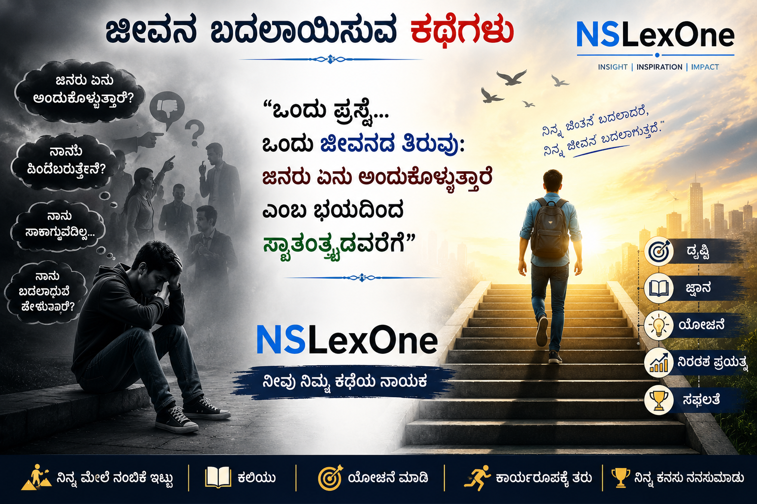 ಜೀವನ ಬದಲಾಯಿಸುವ ಕಥೆಗಳು "ಒಂದು ಪ್ರಶ್ನೆ… ಒಂದು ಜೀವನದ ತಿರುವು: ಜನರು ಏನು ಅಂದುಕೊಳ್ಳುತ್ತಾರೆ ಎಂಬ ಭಯದಿಂದ ಸ್ವಾತಂತ್ರ್ಯದವರೆಗೆ" ಇಮೇಜ್ NSLexOne ಜೀವನ ಬದಲಾಯಿಸುವ ಕಥೆಗಳು "ಒಂದು ಪ್ರಶ್ನೆ… ಒಂದು ಜೀವನದ ತಿರುವು: ಜನರು ಏನು ಅಂದುಕೊಳ್ಳುತ್ತಾರೆ ಎಂಬ ಭಯದಿಂದ ಸ್ವಾತಂತ್ರ್ಯದವರೆಗೆ" ಇಮೇಜ್ NSLexOne